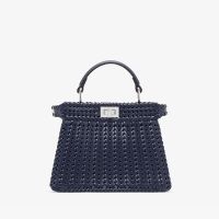 Fendi Petite Peekaboo ISeeU Bag In Camellia Interlace Leather Navy Blue