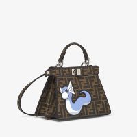 Fendi Petite Peekaboo ISeeU Bag FF Jacquard Fabric with Pokemon Dragon motif Brown/Blue