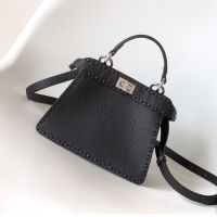 Fendi Petite Peekaboo ISeeU Selleria Bag In Cuoio Romano Leather with Topstitches Black