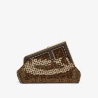 Fendi Small First Bag In FF Jacquard Fabric with Sequins Brown