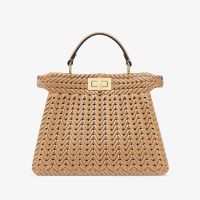 Fendi Small Peekaboo ISeeU Bag In Camellia Interlace Leather Brown