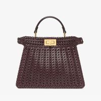 Fendi Small Peekaboo ISeeU Bag In Camellia Interlace Leather Burgundy