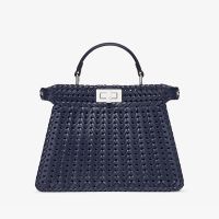 Fendi Small Peekaboo ISeeU Bag In Camellia Interlace Leather Navy Blue