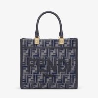 Fendi Small Sunshine Shopper Bag ROMA Logo FF Embroidery Chenille Dark Blue