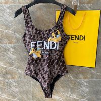 Fendi Swimsuit Women FF Motif Lycra with Pokemon Dragon Motif Brown/Yellow