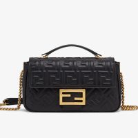 Fendi Baguette Chain Midi Bag In FF Embossed Nappa Leather Black