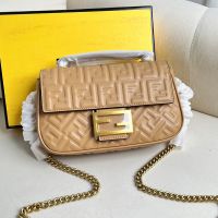 Fendi Baguette Chain Midi Bag In FF Embossed Nappa Leather Camel