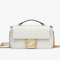Fendi Baguette Chain Midi Bag In FF Embossed Nappa Leather White