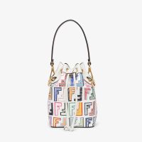 Fendi Mini Mon Tresor Bucket Bag FF Graffiti Embossed Leather White