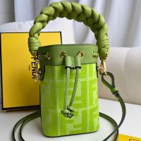 Fendi Mini Mon Tresor Bucket Bag with Woven Handle In FF Embroidery Canvas Green