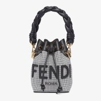 Fendi Mini Mon Tresor Bucket Bag In FENDI ROMA Lettering Houndstooth Canvas Grey
