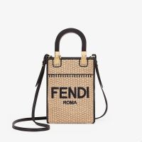 Fendi Mini Sunshine Shopper Bag In FENDI ROMA Embroidery Raffia Beige/Black