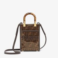 Fendi Mini Sunshine Shopper Bag FF Jacquard Fabric with Sequins Brown
