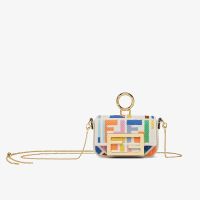 Fendi Nano Baguette Charm In Multicolor FF Embroidery Canvas Beige