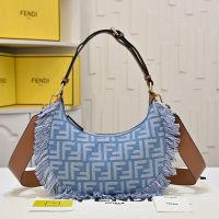 Fendi Small Fendigraphy Hobo Bag FF Jacquard Denim with Fringes Blue