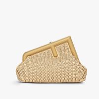 Fendi Small First Bag In Macrame Raffia Beige