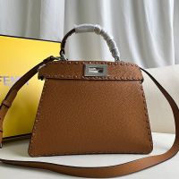 Fendi Small Peekaboo ISeeU Selleria Bag In Cuoio Romano Leather with Topstitches Dark Brown