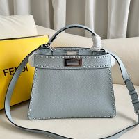 Fendi Small Peekaboo ISeeU Selleria Bag In Cuoio Romano Leather with Topstitches Sky Blue