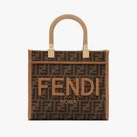 Fendi Small Sunshine Shopper Bag In FENDI ROMA Lettering FF Jacquard Fabric Brown