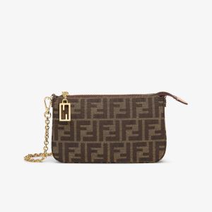 Fendi Baguette Pouch with Chain In FF Motif Fabric Brown