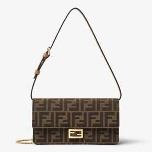 Fendi Baguette Wallet On Chain In FF Jacquard Fabric Brown