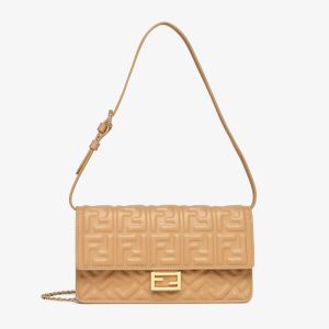 Fendi Baguette Wallet On Chain In FF Motif Nappa Leather Camel