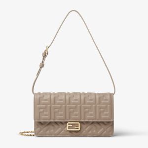 Fendi Baguette Wallet On Chain In FF Motif Nappa Leather Grey