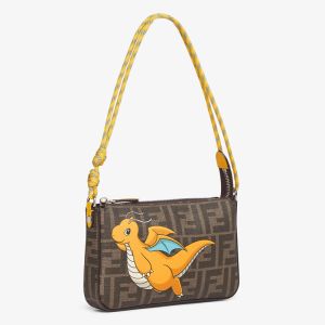 Fendi Baguette Pouch with Strap FF Jacquard Fabric with Pokemon Dragon Motif Brown/Yellow
