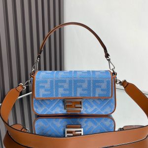 Fendi Baguette Bag In FF Embroidery Canvas Blue/Brown