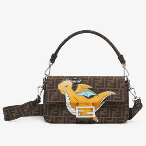Fendi Baguette Bag FF Jacquard Fabric with Pokemon Dragon Motif Brown/Yellow