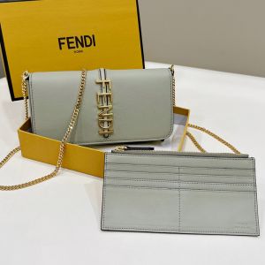Fendi Fendigraphy Wallet On Chain In Calf Leather Grey