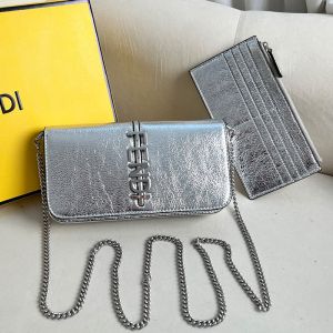 Fendi Fendigraphy Wallet On Chain In Calf Leather Silver