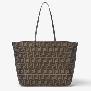 Fendi Large Roll Shopper Bag In FF Jacquard and Striped Pequin Fabric Brown