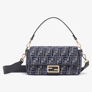 Fendi Medium Baguette Bag In FF Motif Chenille Dark Blue