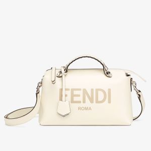 Fendi Medium By The Way Boston Bag In FENDI ROMA Embossed Calfskin White