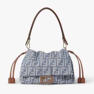 Fendi Medium Mamma Baguette Bag In FF Jacquard Denim Blue/Brown