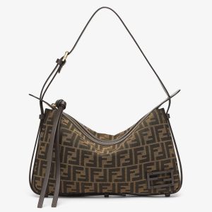 Fendi Medium Simply Shoulder Bag FF Jacquard Fabric Brown