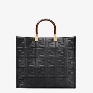 Fendi Medium Sunshine Shopper Bag In FF Embossed Calfskin Black