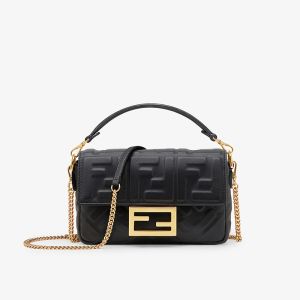 Fendi Mini Baguette Bag In FF Embossed Nappa Leather Black