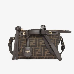 Fendi Mini By The Way Soft Boston Bag FF Jacquard Fabric Brown