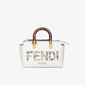 Fendi Mini By The Way Boston Bag In Python FENDI ROMA Lettering Calfskin White
