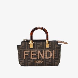 Fendi Mini By The Way Boston Bag ROMA Logo FF Jacquard Fabric Brown