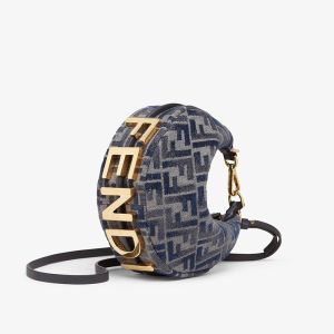 Fendi Mini Fendigraphy Hobo Bag FF Embroidery Chenille Dark Blue
