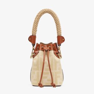 Fendi Mini Mon Tresor Bucket Bag with Straw Handle In Straw with FF Embroidery Beige