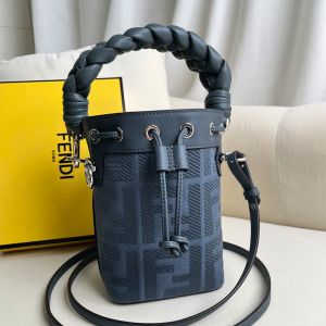 Fendi Mini Mon Tresor Bucket Bag with Woven Handle In FF Motif Canvas Blue