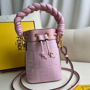 Fendi Mini Mon Tresor Bucket Bag with Woven Handle In FF Embroidery Canvas Pink