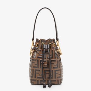 Fendi Mini Mon Tresor Bucket Bag In FF Embossed Calfskin Brown