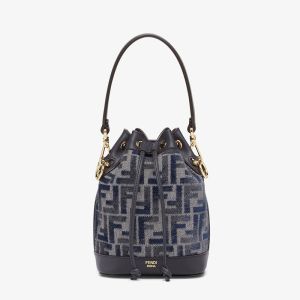 Fendi Mini Mon Tresor Bucket Bag FF Embroidery Chenille Dark Blue