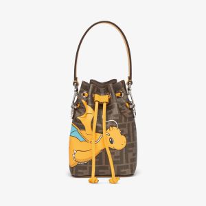 Fendi Mini Mon Tresor Bucket Bag FF Jacquard Fabric with Pokemon Dragon Motif Brown/Yellow
