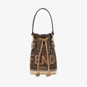 Fendi Mini Mon Tresor Bucket Bag FF Jacquard Fabric with FENDI ROMA motif Brown